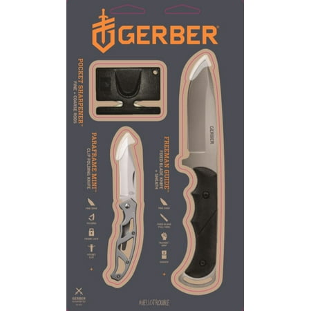 Gerber 3 Piece Combo Including Paraframe Mini Clip Folding Knife, Freeman Guide Fixed Blade Knife, and Pocket Sharpener