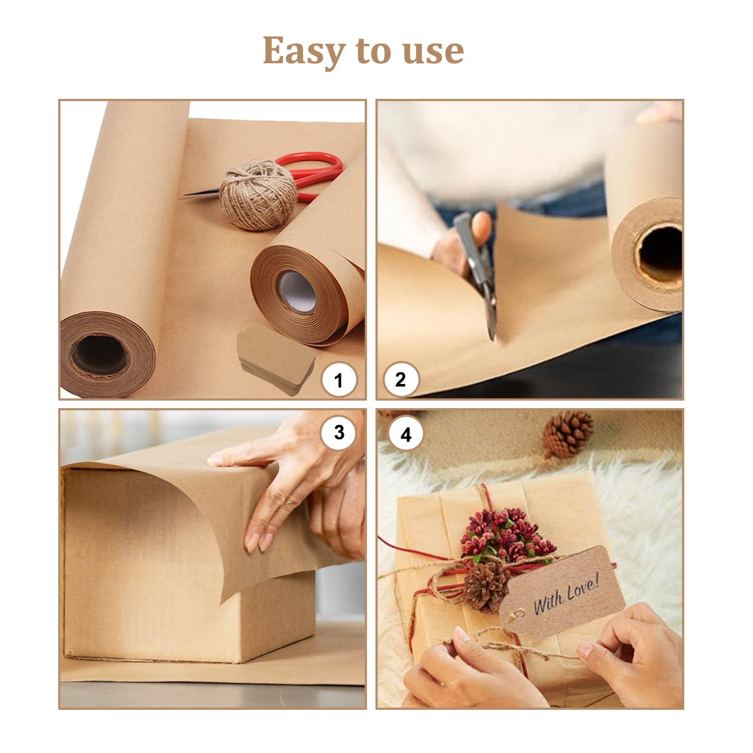 Brown Kraft Paper Roll, Brown Wrapping Paper Set for Packing, Moving, Shipping & Crafts/Arts With Jute String And Gift Tags(14.96in x 32.80ft)