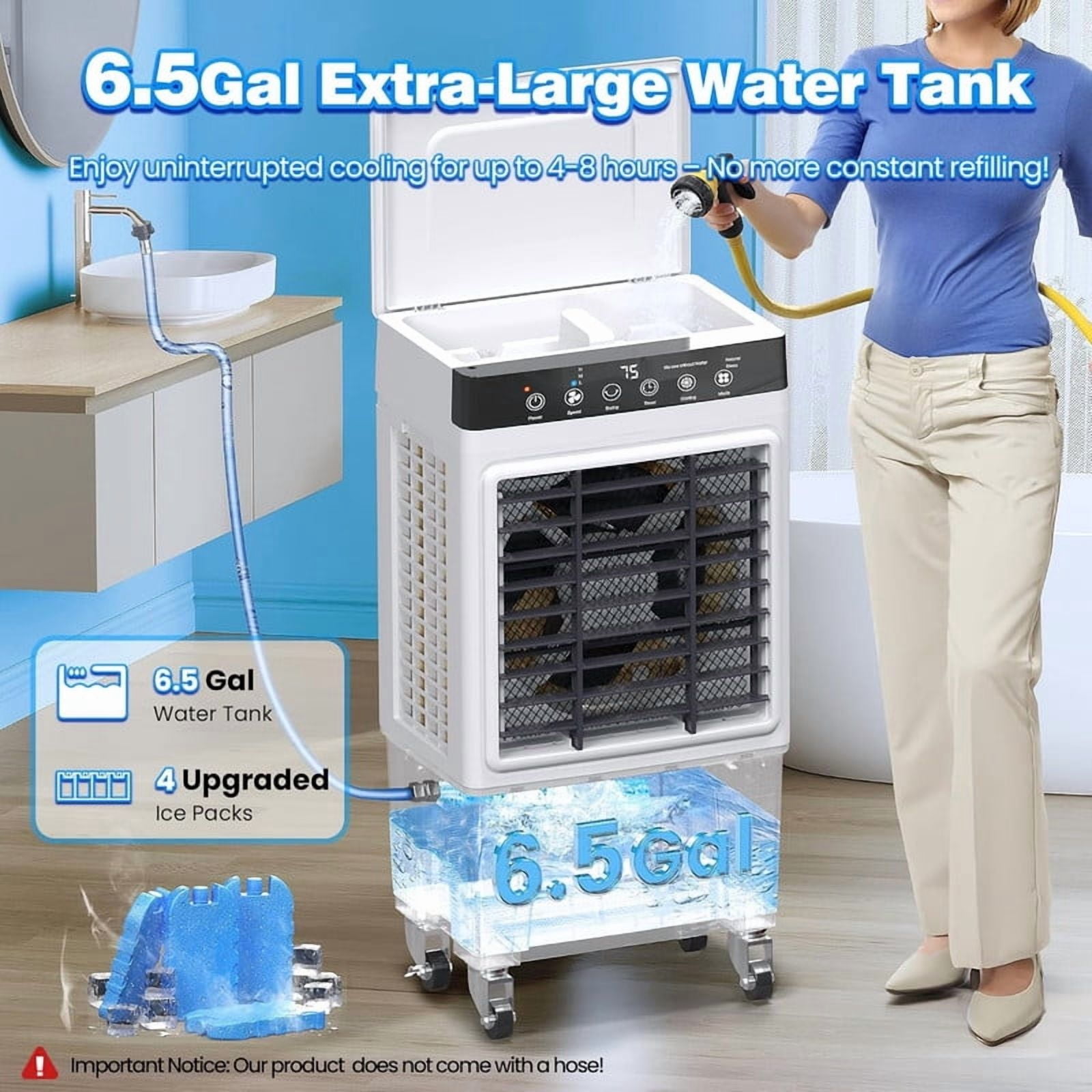 Swamp Cooler, 3500CFM 3-in-1 Evaporative Air Cooler with 6.5Gal Water Tank, Dry-Run Protection, 120° Oscillation, 12H Timer, Remote, 4 Ice Packs, Portable Air Conditioner for Bedroom Home Office