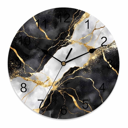 Wall Clock 10 Inch Black And White Gold Round Silent Decorative Wall Clocks Battery Operated for Living Room Bedroom Kitchen Classroom Decor, Abstract Marble Textured,Small