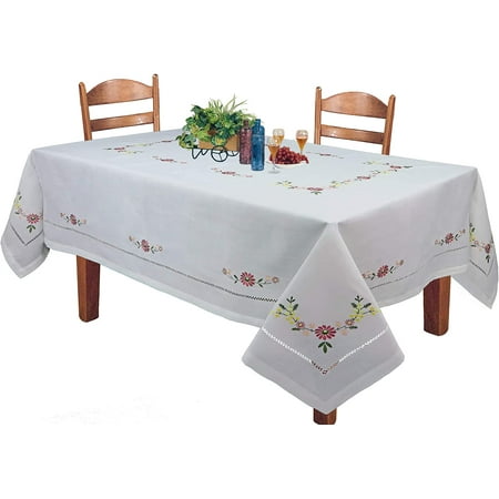 

Hemstitched Embroidered Flower Tablecloth 70x90 Rectangular Table Cover White