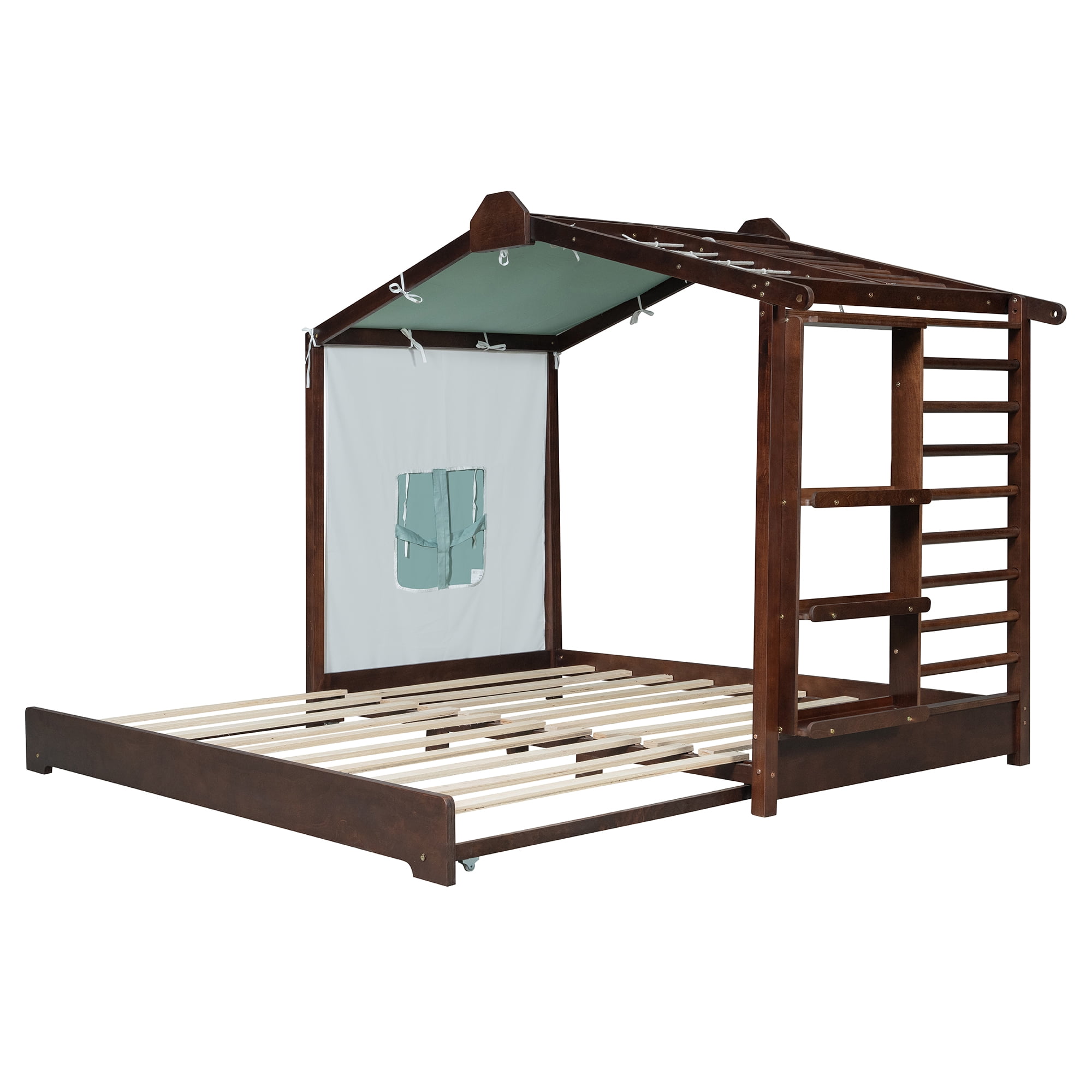 Twin Size House Bed with Twin Size Trundle and Side Shelves, Espresso