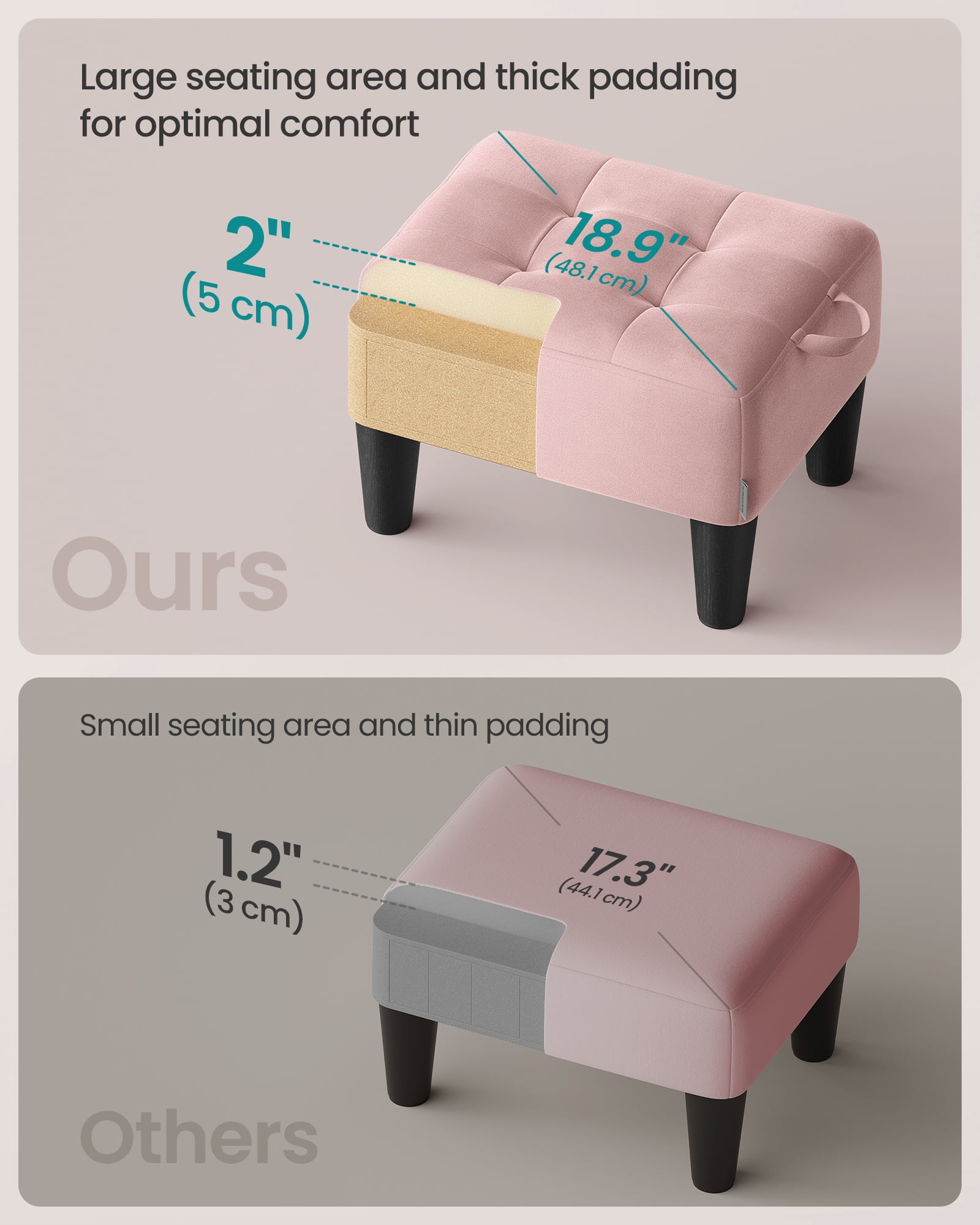 Small Velvet Ottoman Foot Stool with Angled Legs, Thick Foam Cushion, Hidden Storage & Carry Handle, for Living Room, Bedroom – Jelly Pink