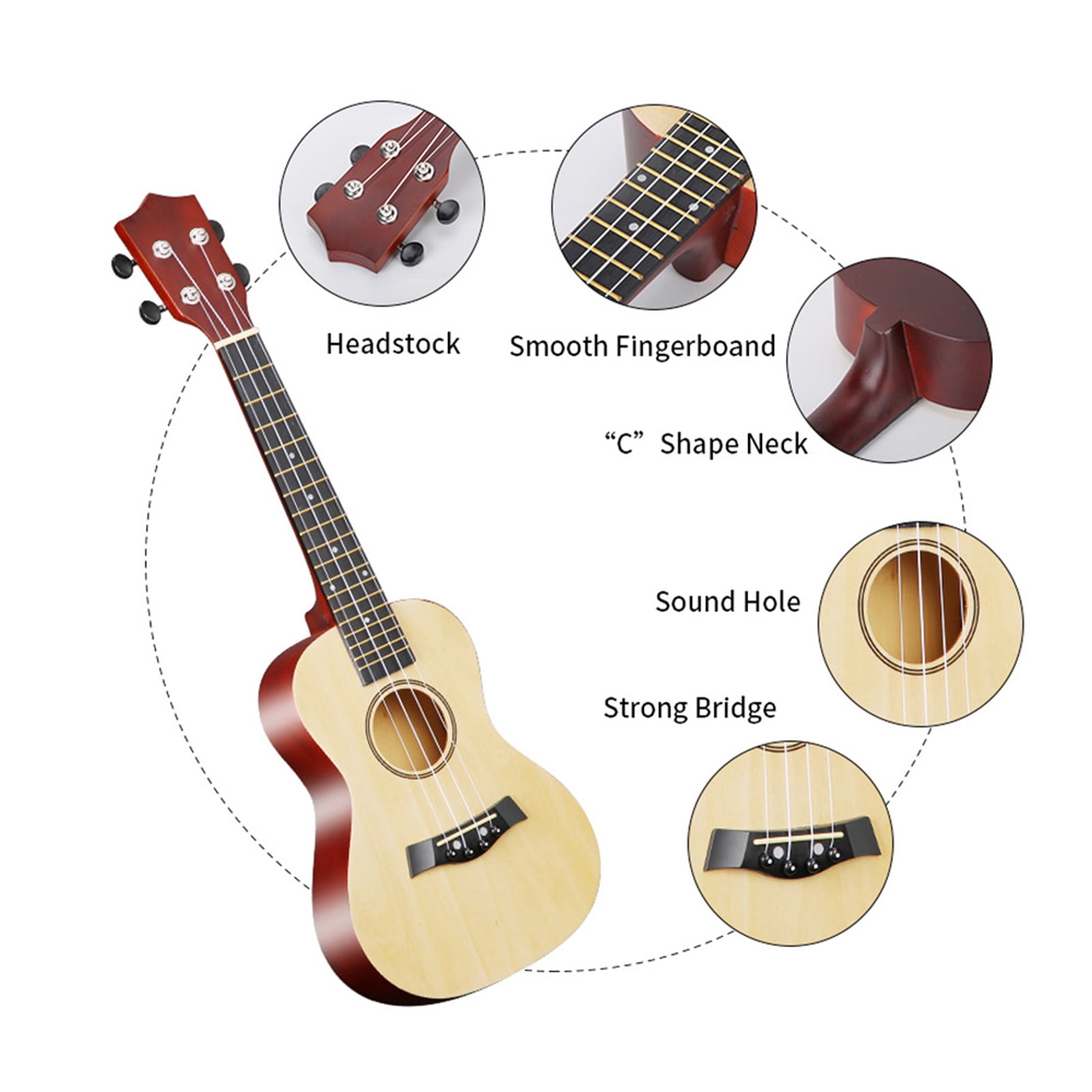 Suodoka 23-Inch Concert Acoustic Ukulele Beginner Starter Kit with Gig Bag, Nylon Strings, Tuner, Strap, and Picks, High-Gloss Basswood Stringed Instrument for Students, Adults, Kids - Wood Color