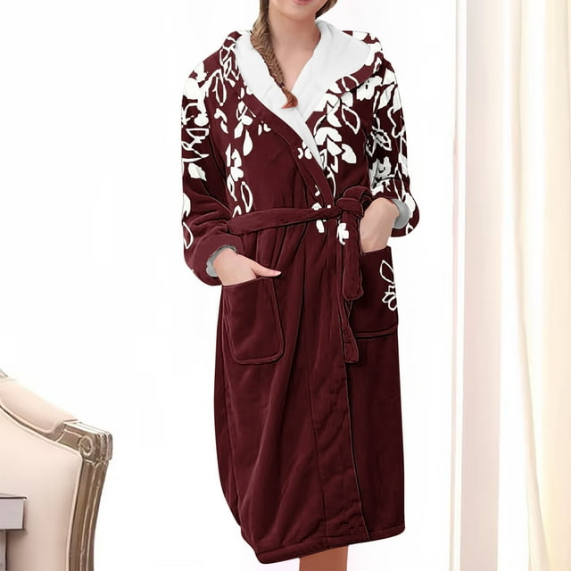 Meichang Peignoir pour Femmes en Flanelle à Capuche Pyjamas Robes Imprimé Floral Manches Longues Poches Robe de Chambre Douillette Hiver Longues Robes
