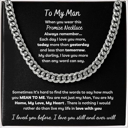 To My Man Birthday Gift Ideas Cuban Link Chain Necklace with Message Card and Gift Box, Christmas Gift for Men, Sentimental Gifts for Boyfriend from Girlfriend