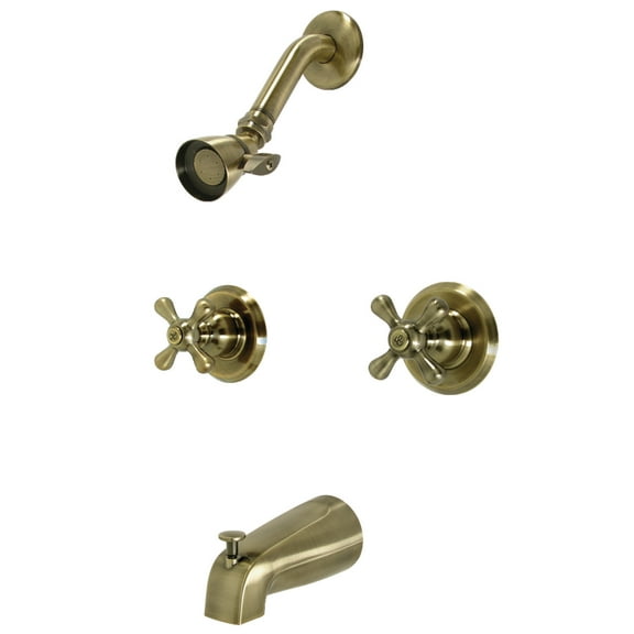 Kingston Brass KB243AXAB Victorian Twin Handle Tub & Shower Faucet With Decor Cross Handle, Antique Brass