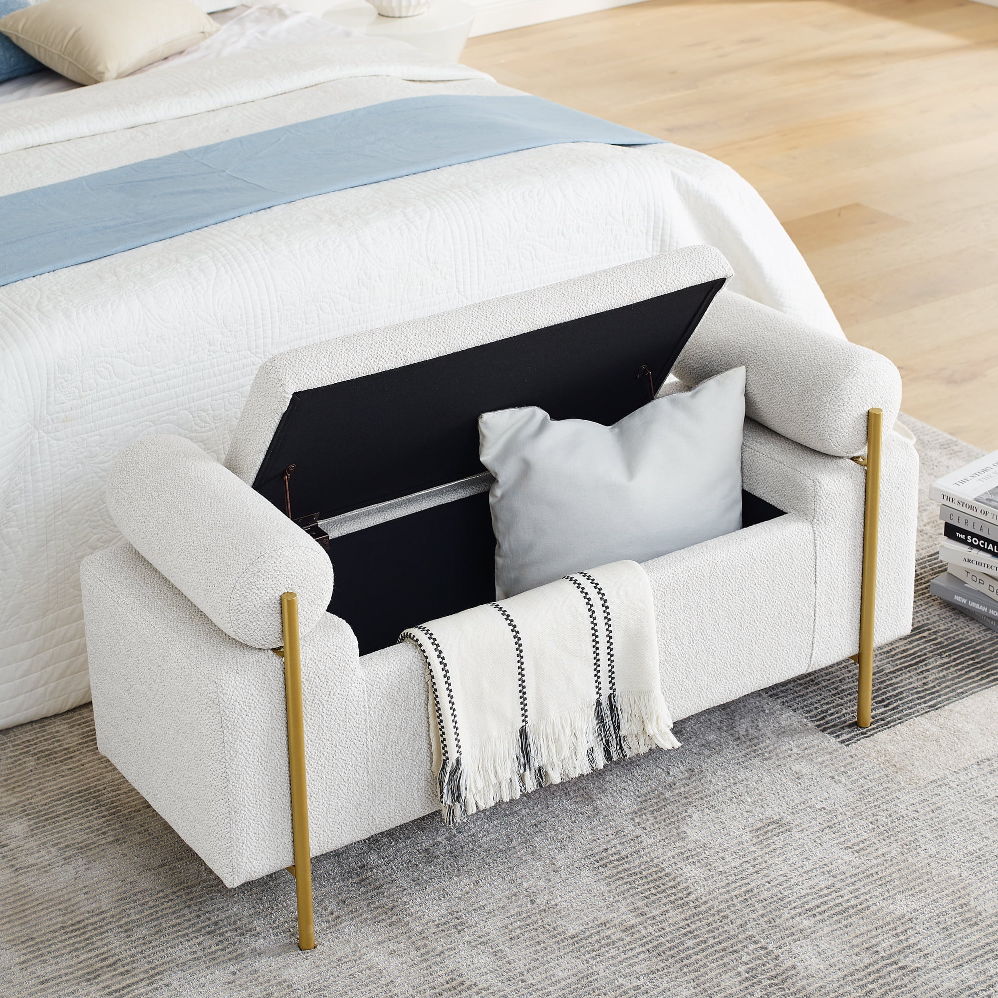 Gewnee Multifunctional Storage Bench - Soft Linen Cushion, Sturdy Iron Legs, White - Ideal for Window Seats & Ottomans