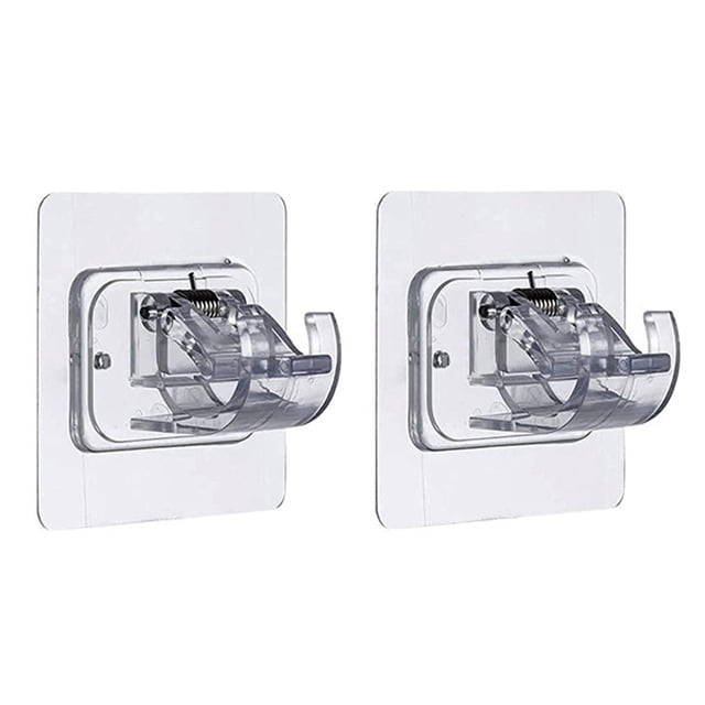 soporte para barra de cortina, 2 uds., soporte para barra de cortina, colgador autoadhesivo, sin fijación de taladro Kit de 2 soportes autoadhesivos de plástico ABS transparentes con placa adhesiva cuadrada; vista frontal centrada de ambos clips en C para varillas de 1.5–2.2 cm, instalación sin taladro con adhesivo 3M en superficies lisas como vidrio, azulejo o mármol; uso como gancho para cortina de baño, toallero ligero o para colgar gasa y decoración ligera; a menudo usado también para organizar accesorios de baño.