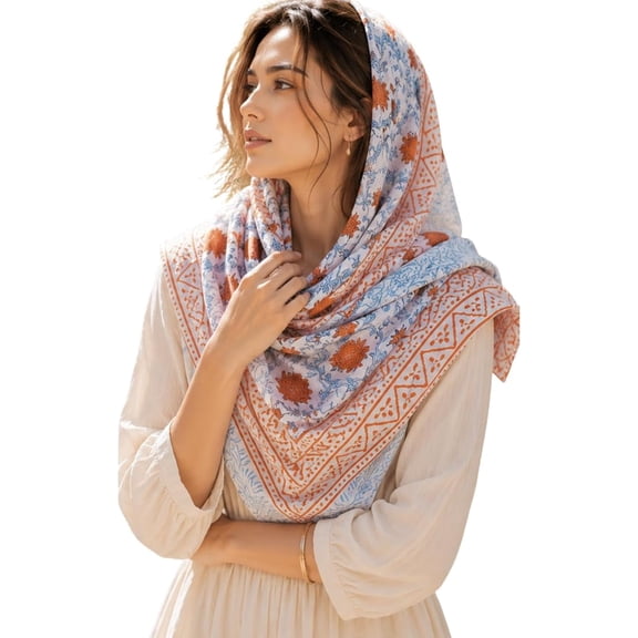 Women’s Printed Cotton bandanas, Blue & Orange Floral Geometric Head Wrap, Hair Scarf, Neck Scarf & Fashion Bandana