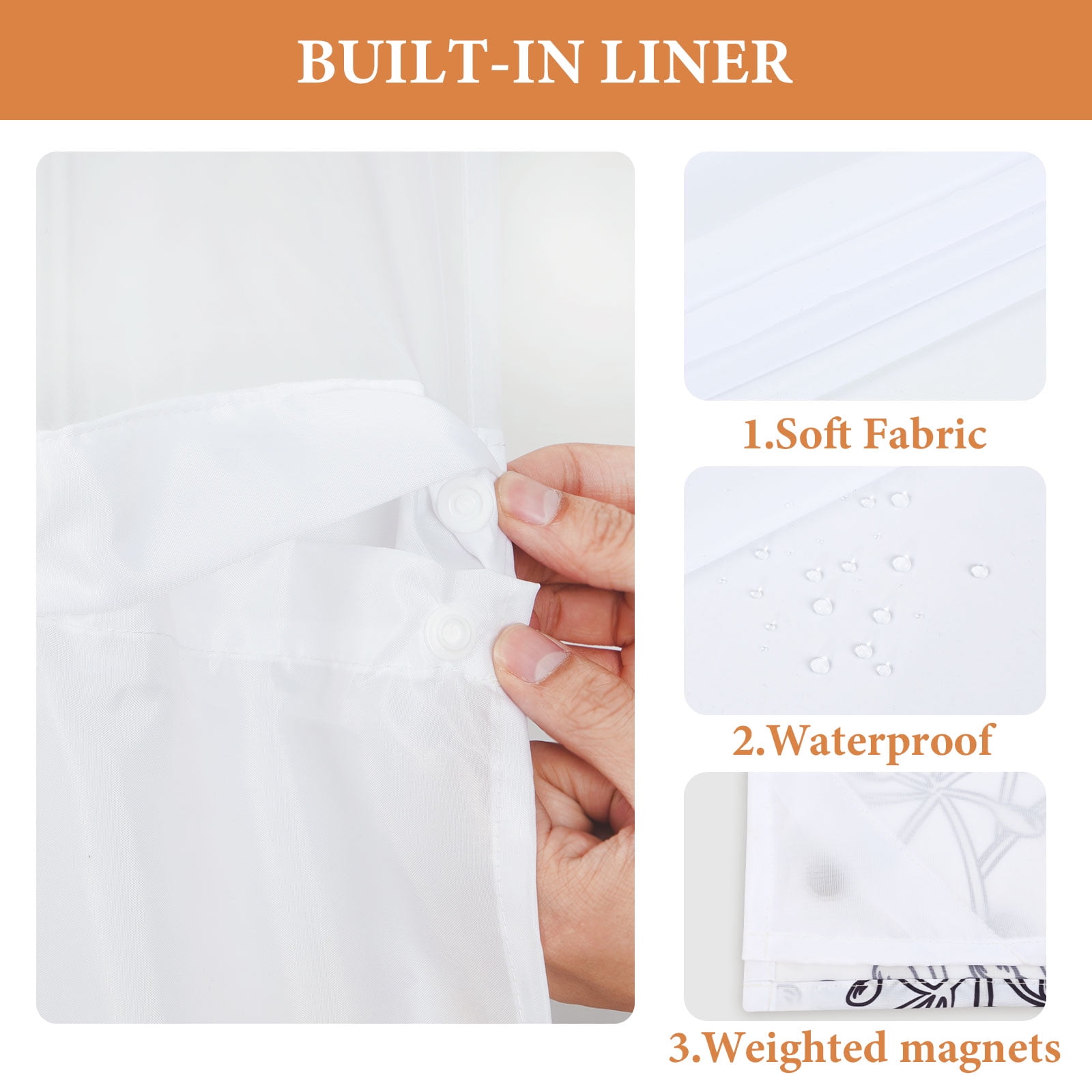Ikfashoni Hookless Shower Curtain with Snap in Liner, White Boho Floral Waterproof Fabric Mesh Window Bath Curtain, 71"X74"