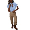 thumbnail image 5 of Dpjklzsn Women's Plaid Ruffle V-Neck Shirt, Short Sleeve Button Casual Blouse, 5 of 5