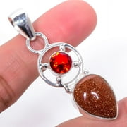 Golden Sunstone & Garnet 925 Silver Plated Pendant 2.01" JP-3852, Valentine's Day Gift, Birthday Gift, Beautiful Jewelry For Woman & Girls