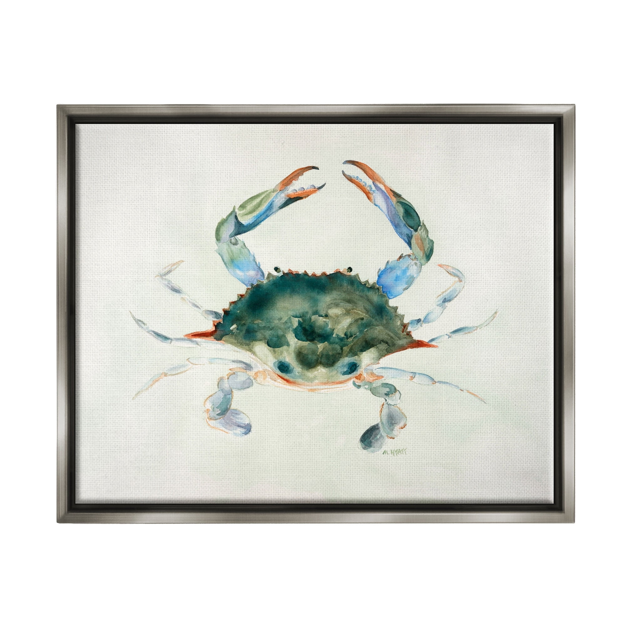 Stupell Industries Blue Sea Crab Over Beige Soft Watercolors Luster Gray Framed Floating Canvas Wall Art, 24x30, by Melissa Hyatt LLC