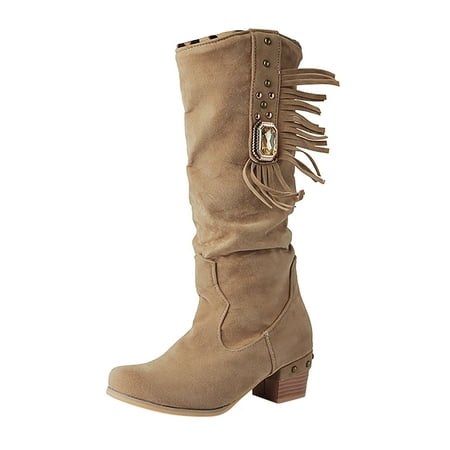 

Mackneog Fringed Solid Boots Boots Color Thick Suede Rhinestone Women s Heel women s boots Gift on Clearance