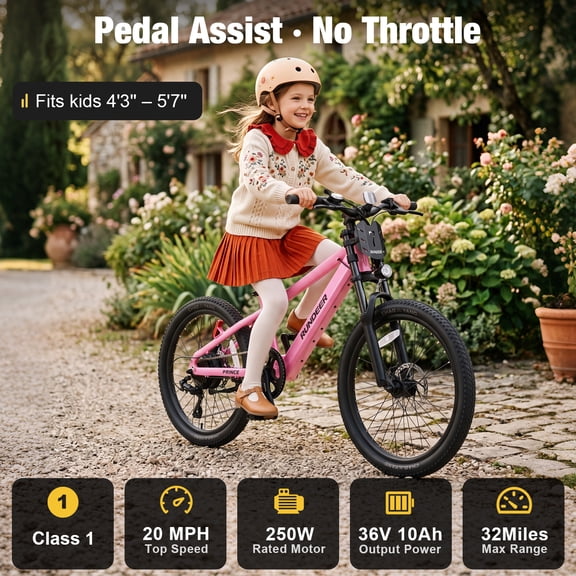 RUNDEER 20'' Electric Bike for Kids Age 6-13, Ebike for Kids, 20MPH, 32 Miles Range, 250W, 48V/20Ah, 2849 by TÜV Certified, 1-Year Warranty, As a Gift for Birthday, Pink