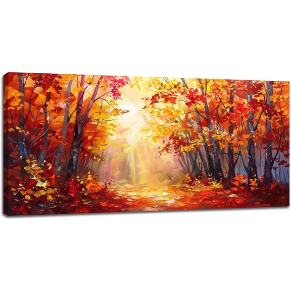 VELVET Large Canvas Wall Art Decor for Living Room Red Fall Forest Tree Pictures Golden Yellow Autumn Sun Exposure Nature Landscape Painting Prints Home Office Artwork Decoration 16x12inch Framed