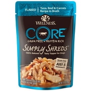 Wellness CORE Simply Shreds Natural Grain Free Wet Dog Food Mixer or Topper, Tuna, Beef & Carrots, 2.8-Ounce Pouch (Pack of 12)