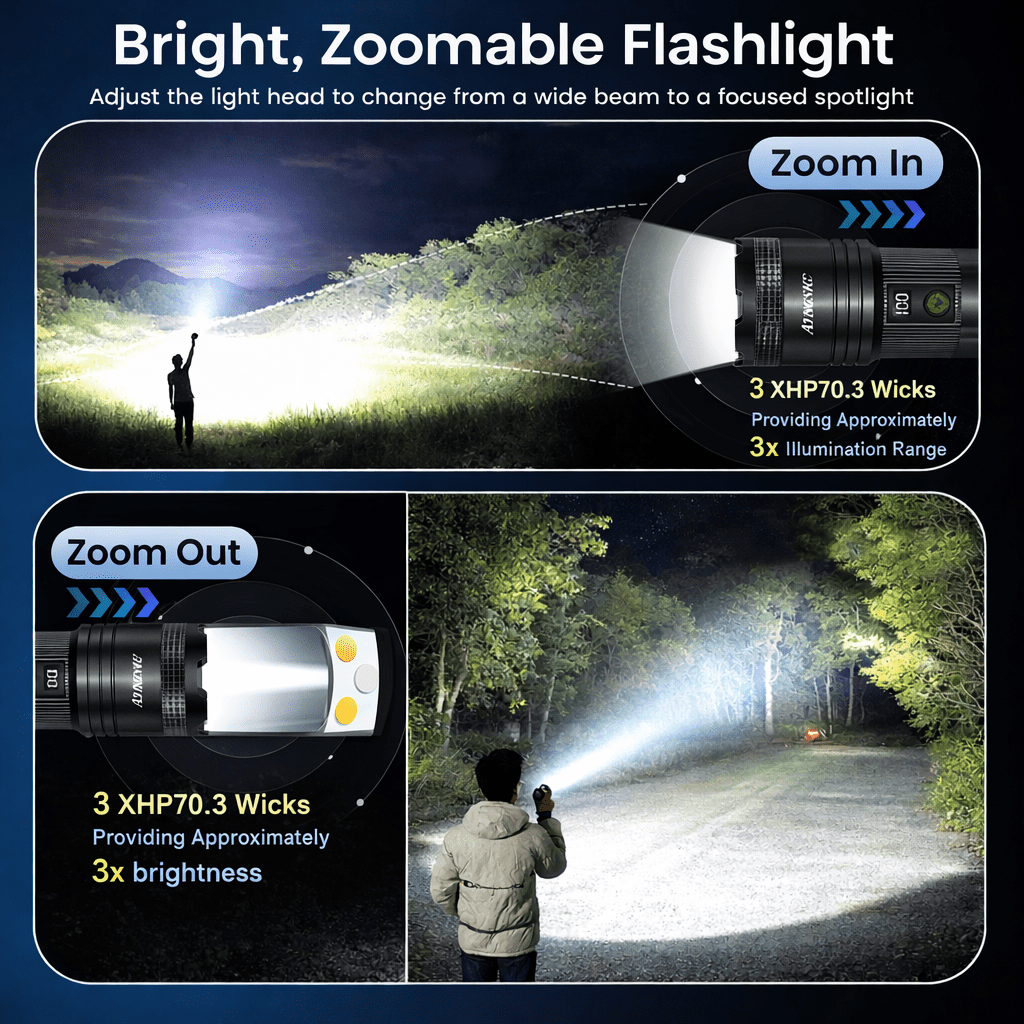 Rechargeable LED Flashlight, 250,000 High Lumens, USB-C Fast Charging, 9 Light Modes, Zoomable Waterproof Flashlight for Camping, Hiking, Emergency Use(Black)