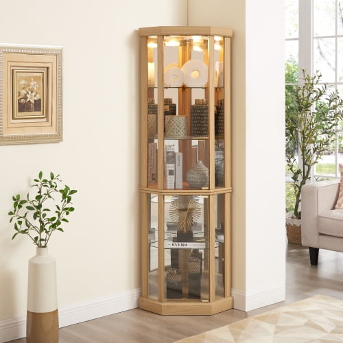 Lighted Corner Curio Cabinet - Elegant Glass Display Case for Living Room & Bar Storage - Perfect for Antique Collections & Wine - Includes Built-in Lighting - Light Oak