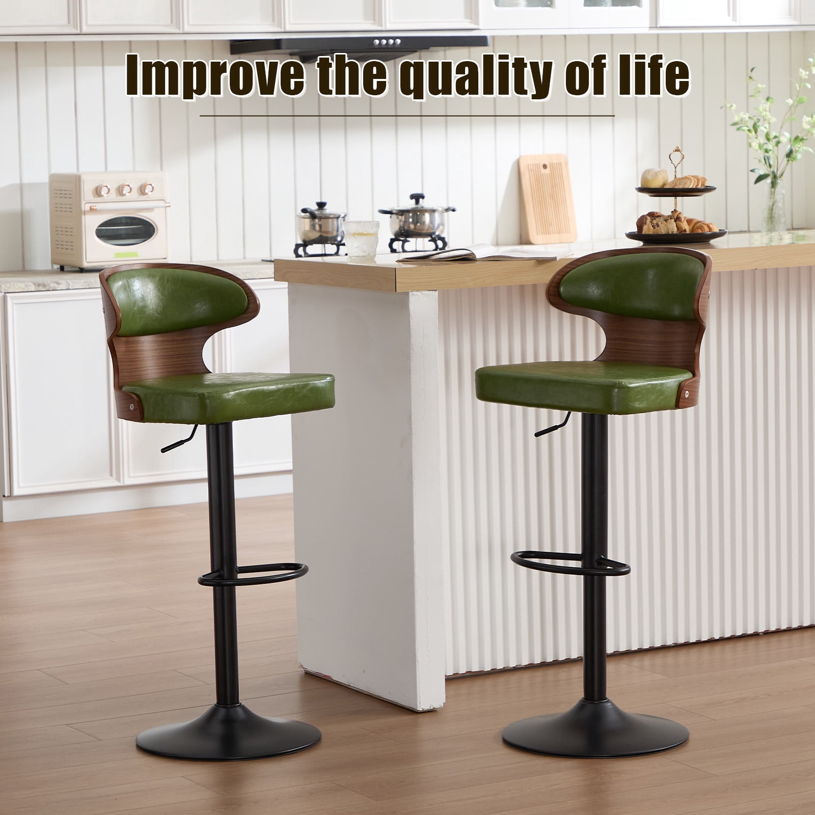 MOONMISS Swivel Bar Stools Set of 2, Wooden Kitchen Bar Chairs with Back, PU Leather Counter Height Barstools for Kitchen Island,