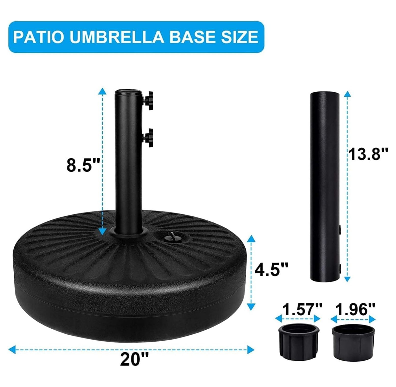 20" Round Heavy Duty Patio Umbrella Base Stand with Steel Umbrella Holder, Water or Sand Fillable for Outdoor, Lawn, Garden, 50lbs Weight Capacity, 2 Pack, Black