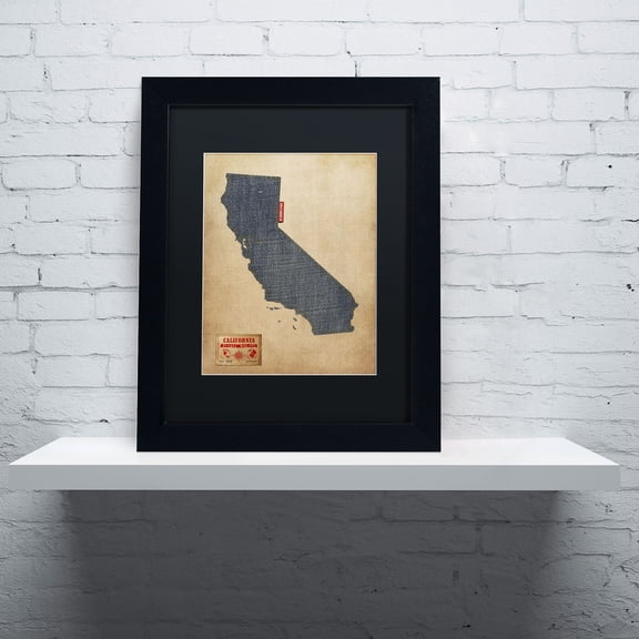 Trademark Fine Art "California Map Denim Jeans Style" Canvas Art by Michael Tompsett, Black Matte, Black Frame