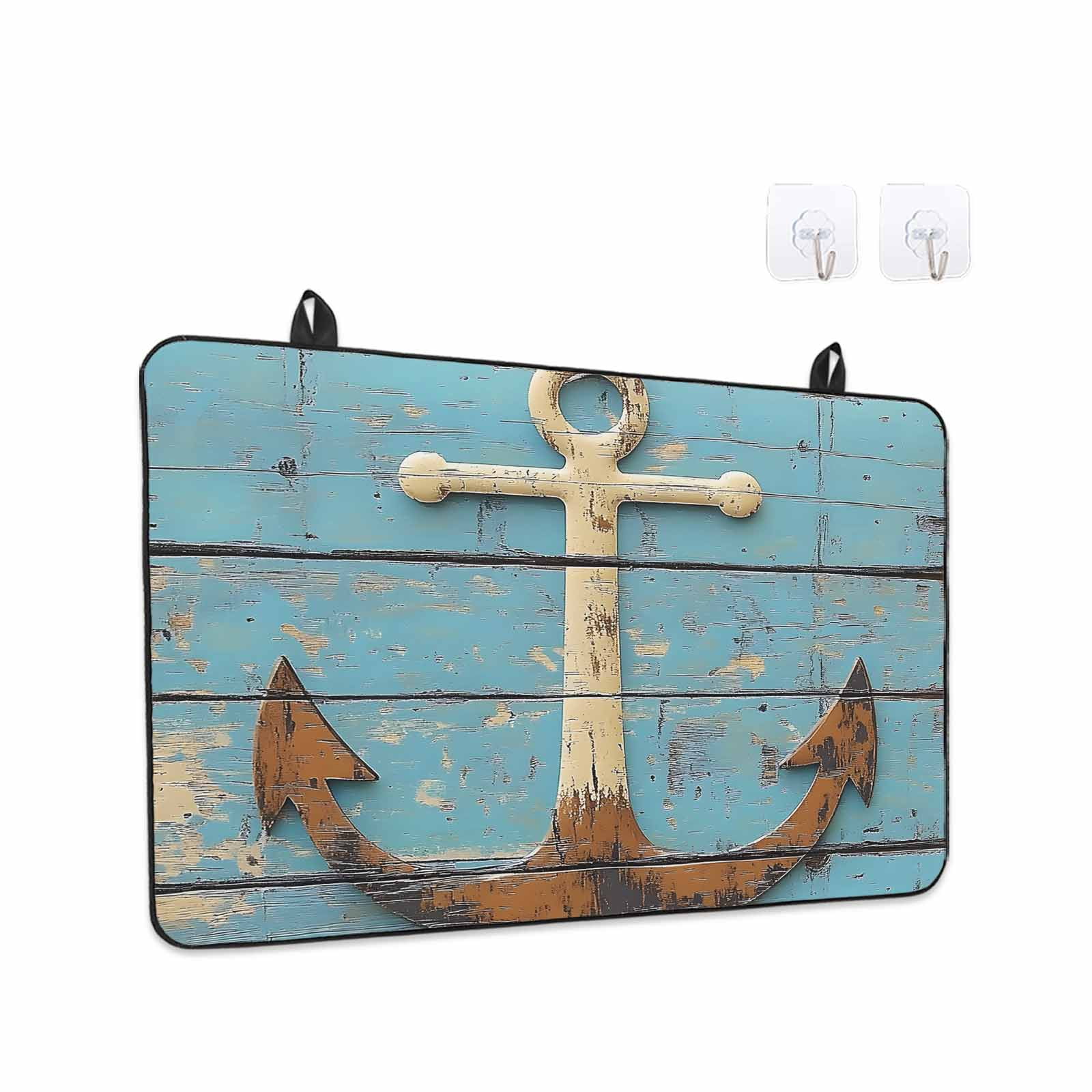 Vintage Anchor Stove Top Cover for Electric Stove, Heat-proof & Non Slip Glass Top Stove Cover Protector, Coastal Nautical Blue Brown Wooden Kitchen Flat Cooktop Rubber Mat 24x21 Inches