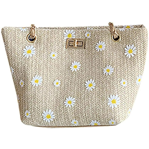 YOUI-GIFTS Women Handmade Rattan Shoulder Bag Daisy Printed Beach Handbag Handwoven Tote Bag Turn Locks Casual Bag