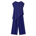 thumbnail image 5 of MLCDZ Sets for Women 2 Piece Button Round Neck Short Sleeves Tops and Wide Leg Loose Fit Pants Set Matching Beach Vacation Outfit with Pockets, 5 of 7