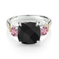 thumbnail image 2 of Gem Stone King 925 Silver and 10K Yellow Gold Onyx and Pink Lab Grown Diamond 3 Stone Ring for Women (4.30 Cttw, Gemstone December Birthstone, Cushion Checkerboard 10MM, Round 4MM, Size 9), 2 of 3