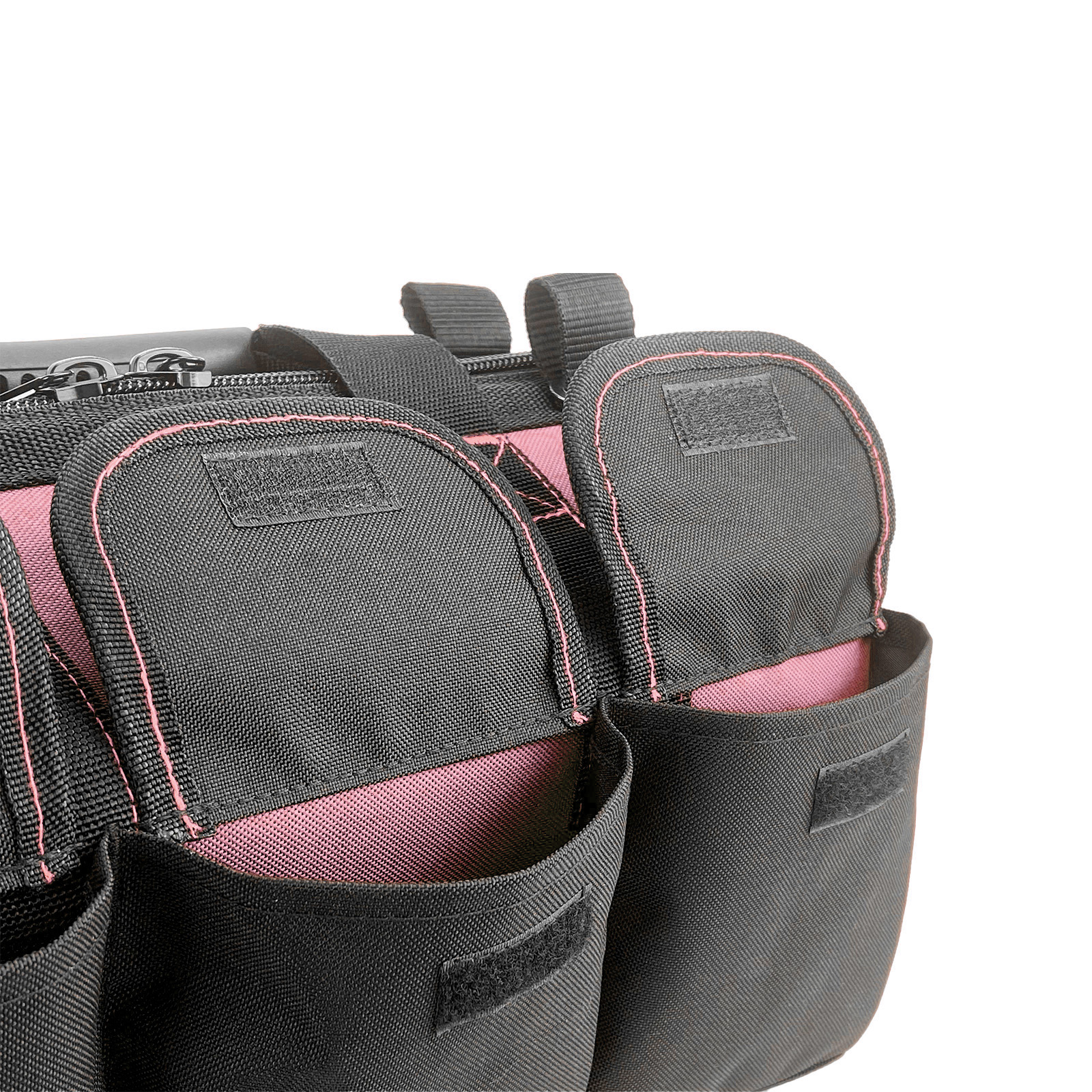 Yongzhenlite Garden Tools Bag, 16 Inch Wide Mouth Tool Tote with Molded Base and Multi-Pockets for Men, Heavy Duty 600D Polyester Fabric (Pink Color)