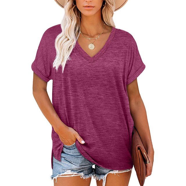 Jumpingount Camiseta de mujer con cuello en V, manga corta de color sólido, blusa dividida de color sólido Prendas para la parte del cuerpo Rojo púrpura XXL Jumpingount AP003161-35