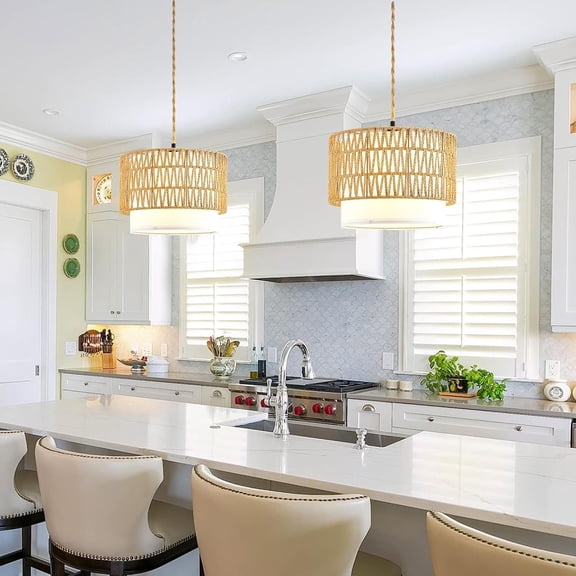 Boho Plug in Pendant Light Rattan Hanging Lights with Plug in Cord,Indoor Hanging Lamp with Dimmer Switch,Wicker Bamboo Woven LampShade Hanging Lamp Plug in for Bedroom Living Room Kitchen Island