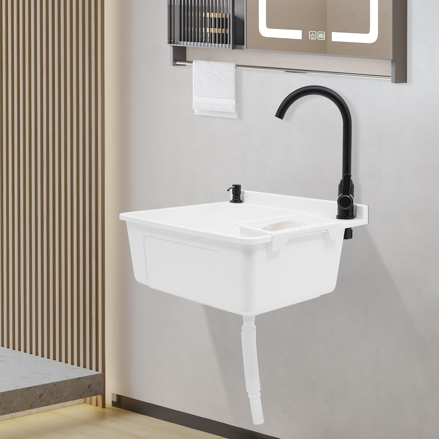Wall-Mounted Utility Sink Tub Kit with Aluminum Alloy Faucet and Soap Box,Black Anti-clogging Laundry Sink for Bathrooms, Sundry Rooms, Garages(White)