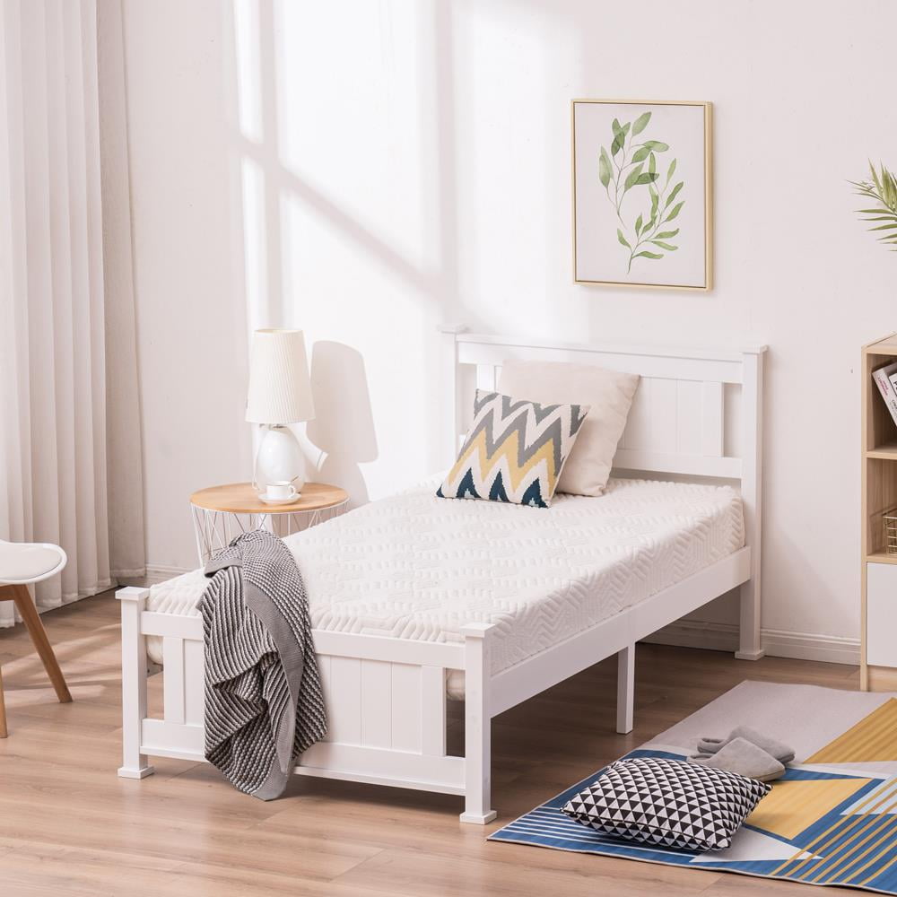 Ktaxon Twin Wood Platform Bed with Headboard, Teen Bed, White