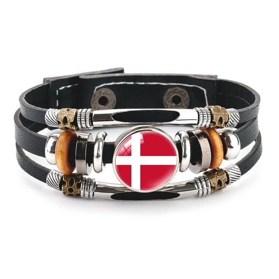 Uijokdef Country Flag Leather Bracelet, Multi-Layer Black Cowhide Design, 7.87 Inches
