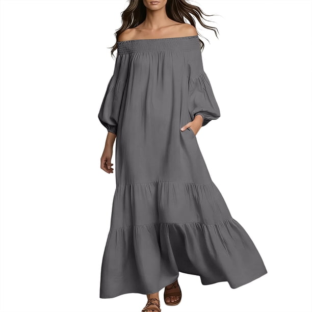 dress up business casual Seta T Women's Fall Midi Frilled Crewneck Long Sleeve A-Line Elegant Flowy Dresses with Pockets Small Black airy and lightweight Fashion Kids Girl Birthday Special Color:Black Printed style_wrap dresses