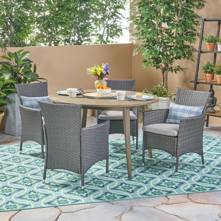 Christina Outdoor 5 Piece Acacia Wood and Wicker Dining Set with Cushions Gray Gray Silver