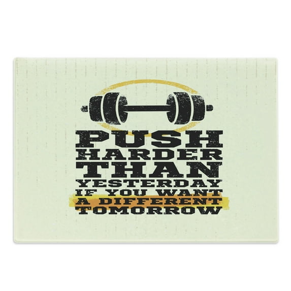 Fitness Cutting Board, Push Harder Sports Phrase Positive Message Grungy Display with Dumbbell, Decorative Tempered Glass Cutting and Serving Board, Large Size, Cream Black Yellow, by Ambesonne