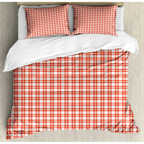 Plaid Queen Size Duvet Cover Set, Colored and Checkered Country Picnic