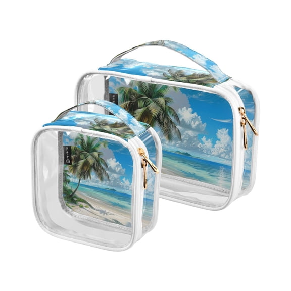 ALAZA Palm Tree on Beach View Clear Cosmetic Bag Makeup Bags 2 PCs Toiletry Case Waterproof Travel Organizer