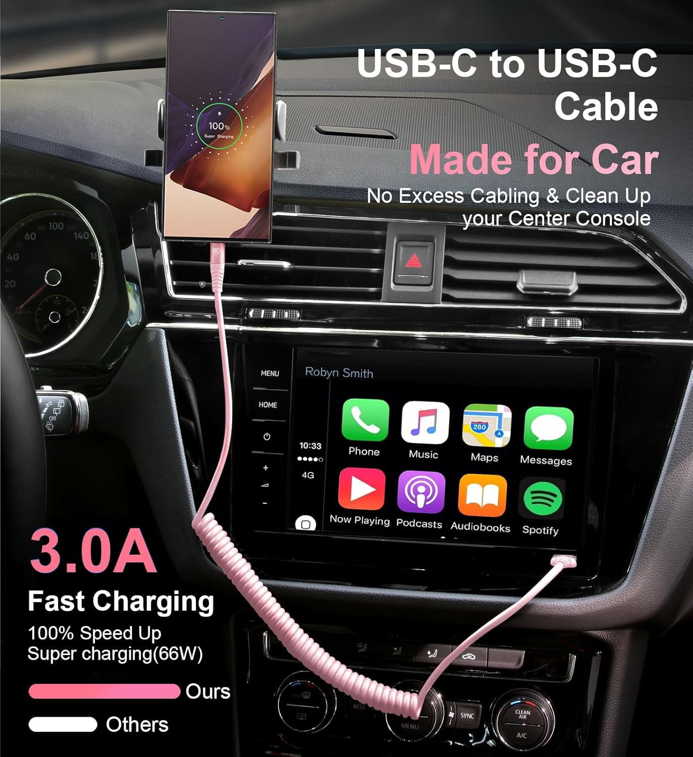 JJEAN-USB C to C Cable 6FT, 2Pack Coiled USB C Fast Charging Cable for Car, CarPlay iPhone USB-C Cable/Android Auto USB C Cord, USB Type C Cable for iPhone 17/16/15/Pro Max/Samsung Galaxy S23 and Mor