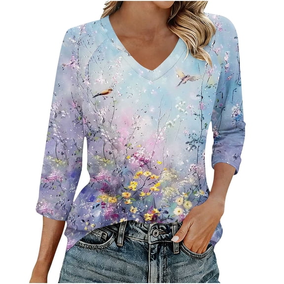 qucoqpe Womens Summer Tops Fashion Casual Floral Printed V Neck 3/4 Sleeve Shirts Trendy Dressy Blouses