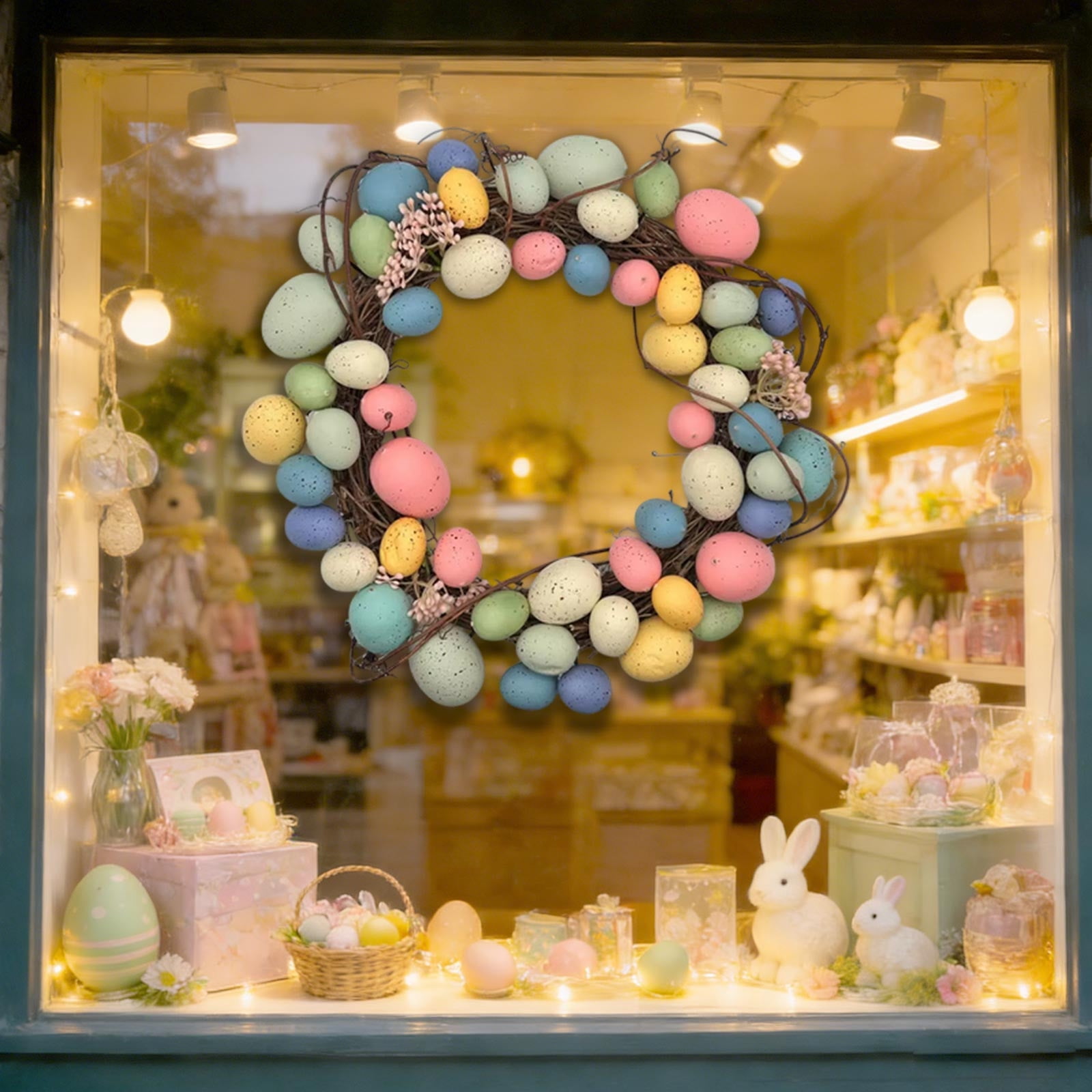 Easter Day Decor, Easter Egg Wreath Artificial Rattan Ring Door Hanger Home Party Decor C