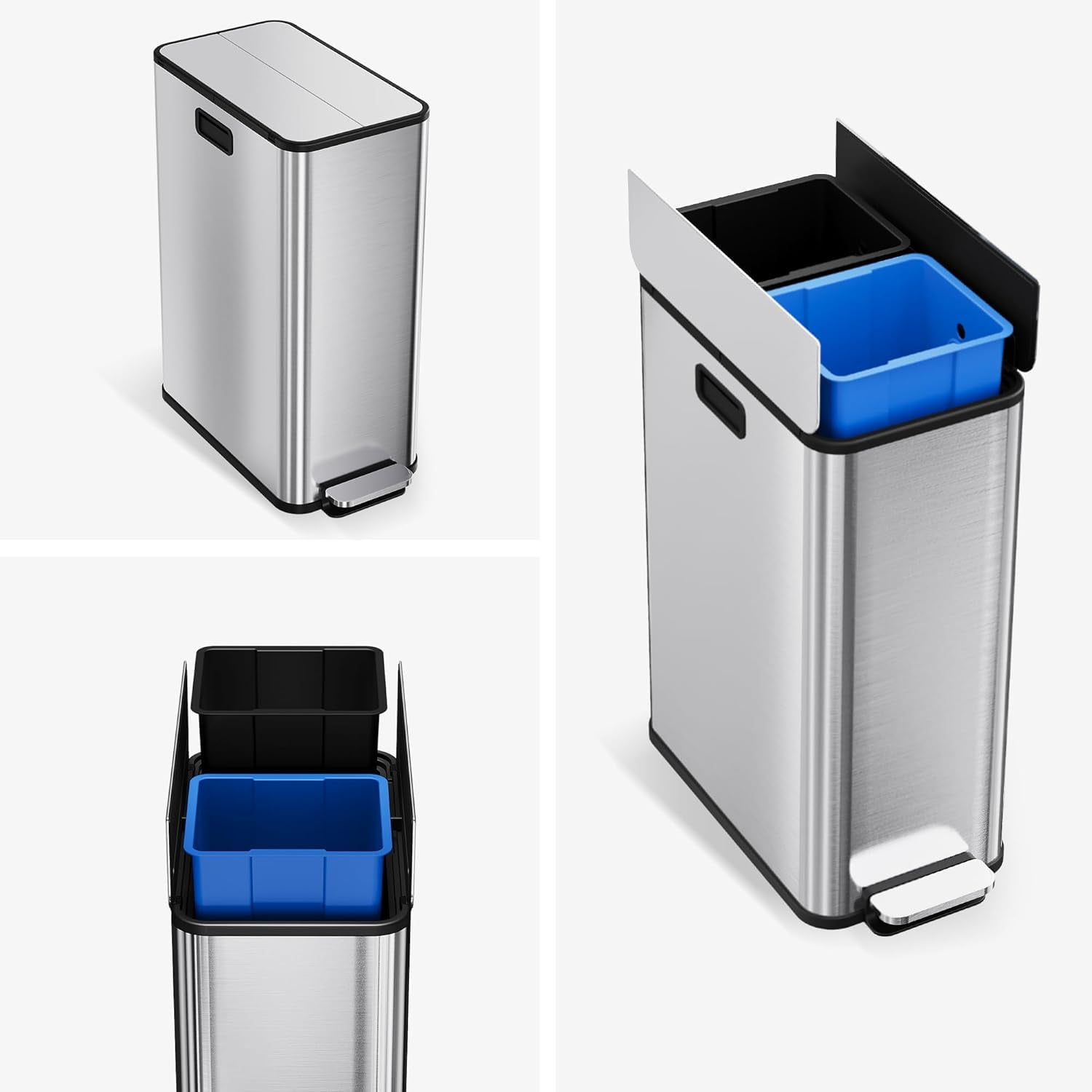 Garvee 14.79 Gallon Kitchen Step Trash Can with Lid, 2 Inner Bucket Waste & Recycling, Silver
