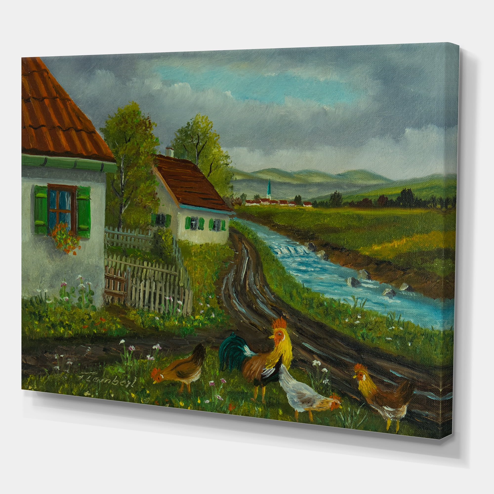 Designart ' A Cock and Three Chickens In A Meadow With Flowers ' Farmhouse Canvas Wall Art Print