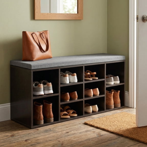 Shoe Storage Bench with Cushion, Cubby Shoe Rack with 10 Cubbies, Adjustable Shelves, Multifunctional Shoe Organizer Bench for Entryway, Mudroom, Hallway, Closet, Bedrooom, Black