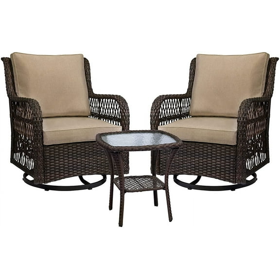 Outdoor 360 Swivel Rocker Patio Chairs Set of 2 and Matching End Table, IDEALHOUSE 3 Pieces Wicker Patio Bistro Set with Premium Fabric Cushions for Yard, Garden, Balcony (Beige)