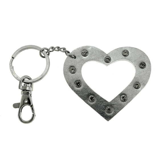 Rhinestone Accented Metallic Silver Colored Heart Keychain With Trigger Snap KEKC4375